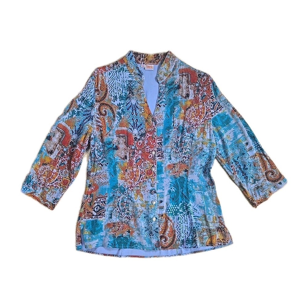 Tianello Steve Barraza Tunic Blouse Fitted Tencel Rayon Art Wear Print Women M